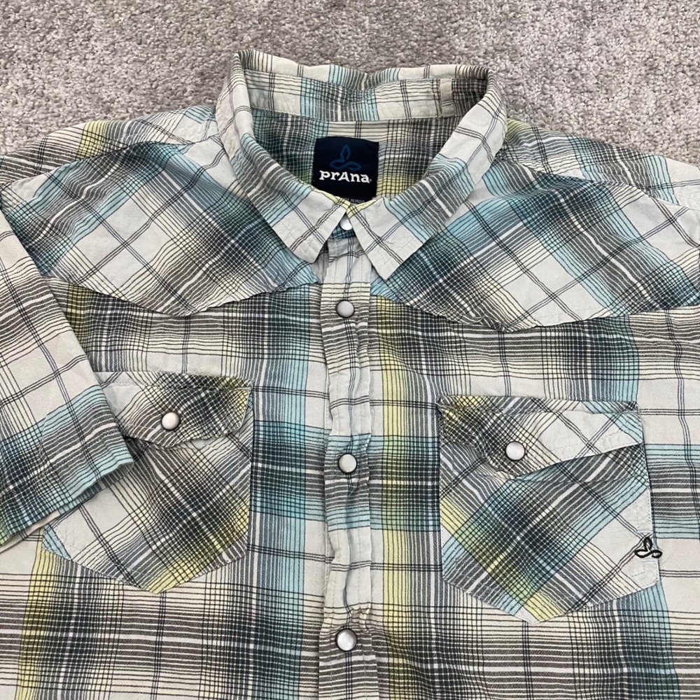 prAna Shirt Mens XL Breathe Blue Yellow Plaid Pearl Snap Short Sleeve Western